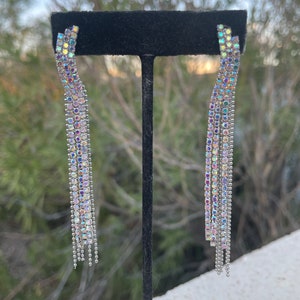 Ab fringe earrings, iridescent dangle earrings, aurora borealis dance competition earrings