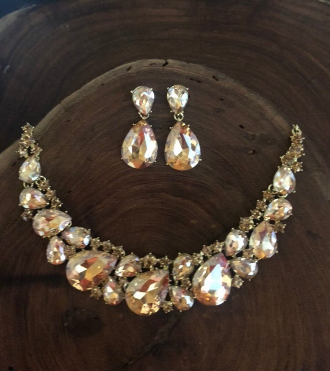 Gold Necklace Set, Bridal Gold Crystal Necklace and Earrings Set