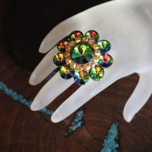 Green multi color ring, green rhinestone oversized ring, vitrial crystal statement ring