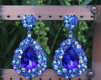 Blue rhinestone chunky earrings, large blue earrings, blue pageant earrings, blue wide earrings, dark blue rhinestone earrings