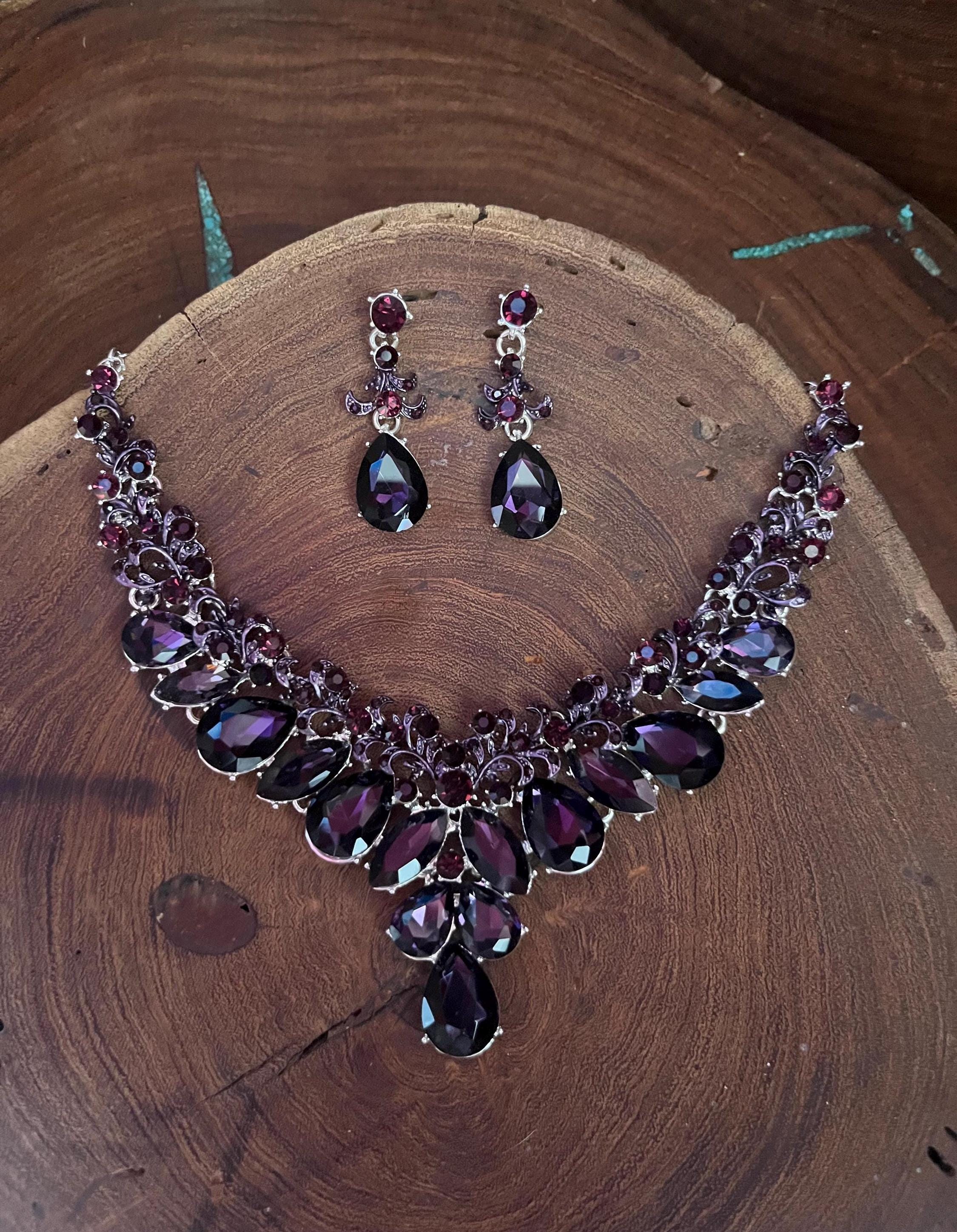 Amethyst Purple Necklace and Earrings Set, Deep Purple Rhinestone