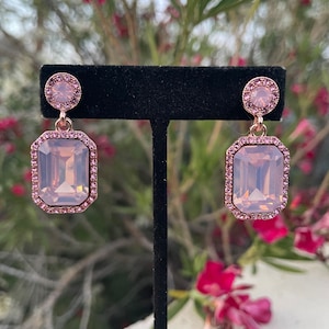 Pink opal earrings, pink opal rhinestone earrings, rose opal bridal earrings, blush earrings