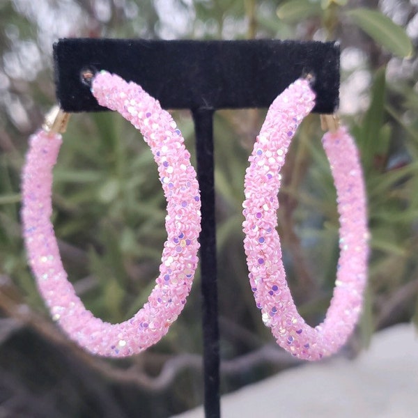 Pink glitter hoop earrings , pink sequin hoops, pink prom hoops, light pink hoops, rose pink hoops