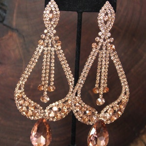 Rose Gold Chandelier Earrings, rose gold large crystal earrings, rose gold rhinestone pageant earrings, rose gold extra long clip on earring image 2