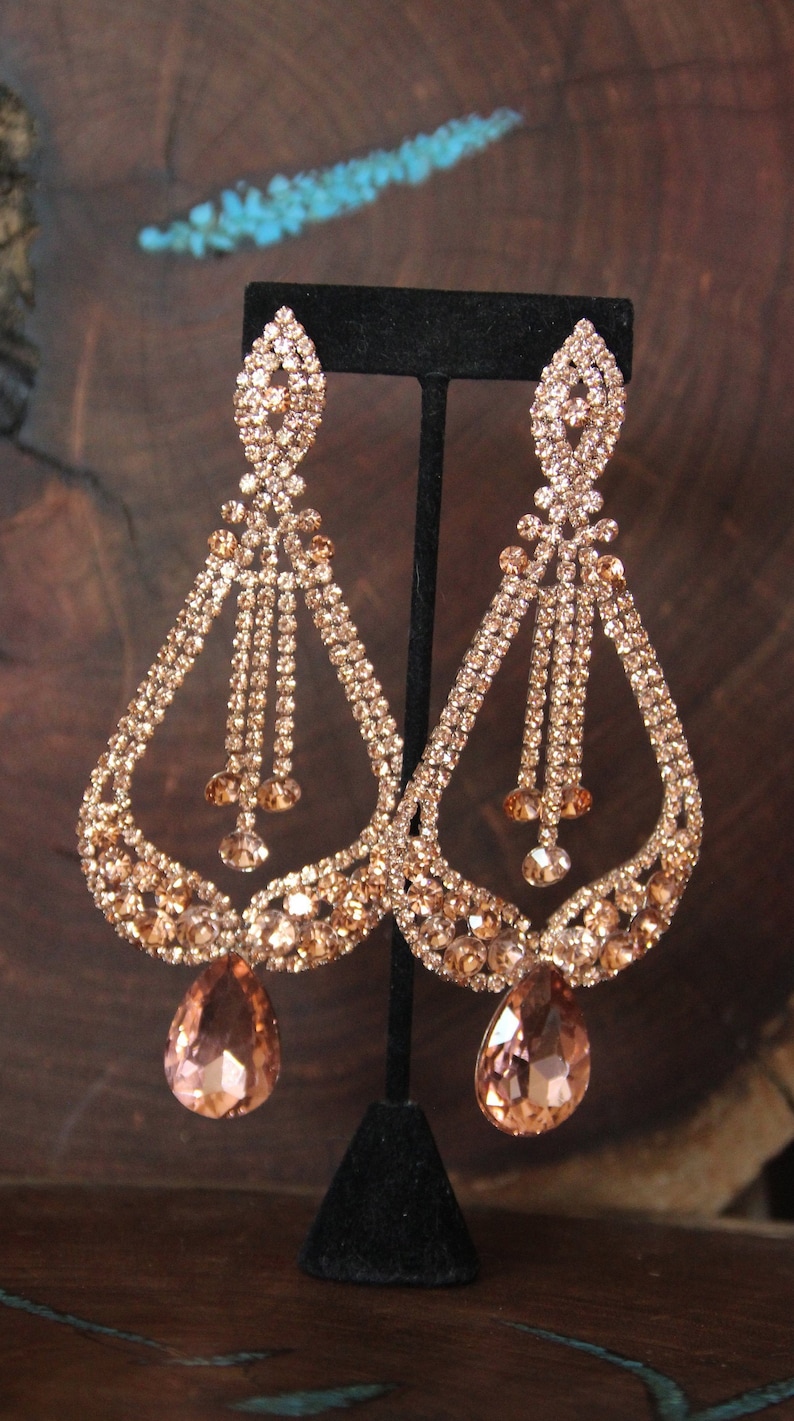 Rose Gold Chandelier Earrings, rose gold large crystal earrings, rose gold rhinestone pageant earrings, rose gold extra long clip on earring image 2