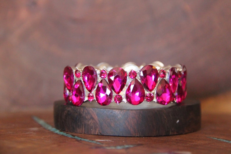 fuchsia bracelet, hot pink bracelet, fuchsia prom bracelet, hot pink bridal bracelet, pink crystal pageant bracelet, pink stretch bracelet image 4
