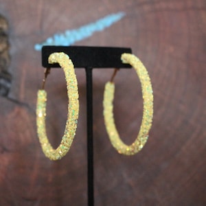 yellow hoop earrings, yellow glitter rhinestone hoops, large yellow hoop earrings, yellow prom hoops, yellow hoop pageant earrings