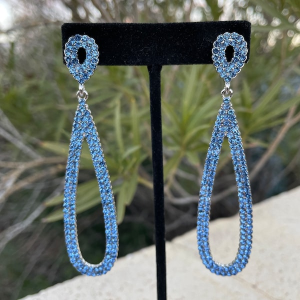 Light blue hoops, light blue rhinestone long earrings, baby blue earrings