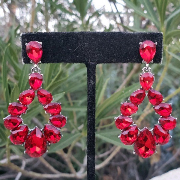 Red clip on earrings, red crystal earrings, red prom earrings, red pageant clip on earrings