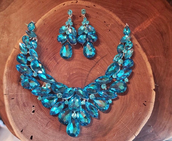 Aqua blue statement necklace and earrings light blue large rhinestone necklace set aqua pageant necklace and earrings