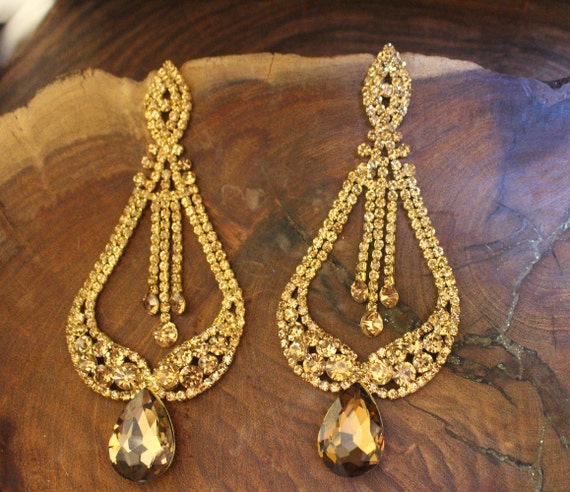 CLIP ON Earrings Rhinestone Crystal Oversized AB Drop Chandelier 4.1 in  Long | eBay