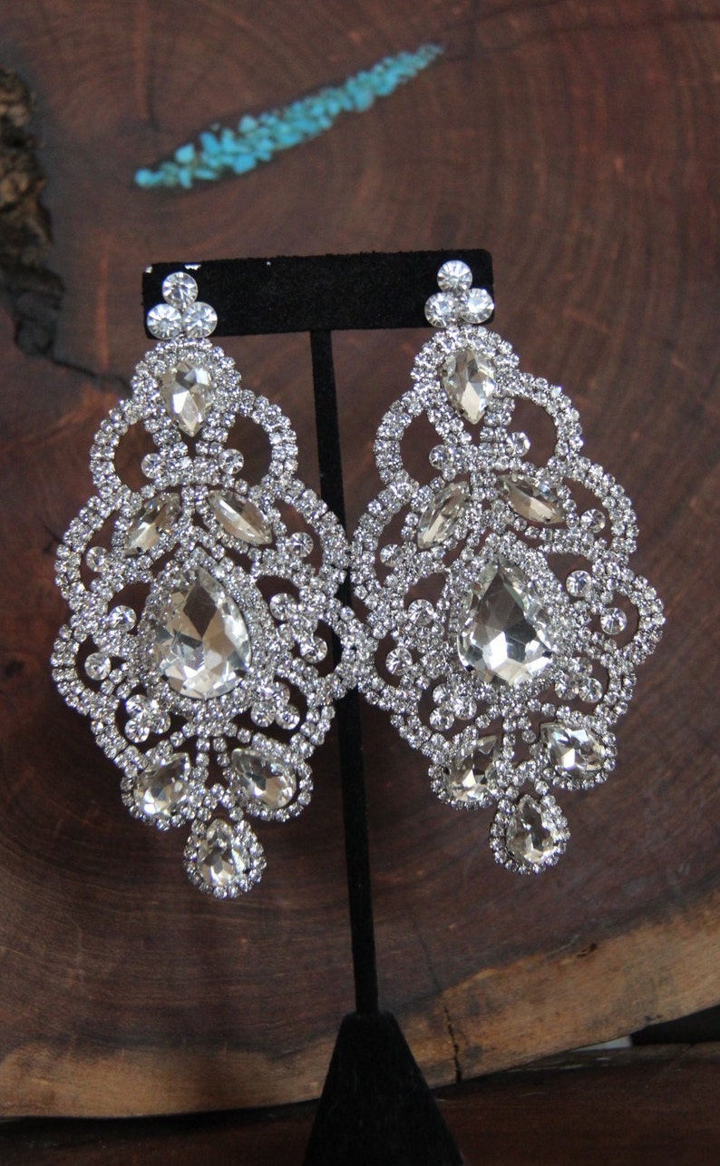 oversized crystal chandelier earrings, huge rhinestone earrings, statement clear crystal earrings, large rhinestone pageant earrings image 2