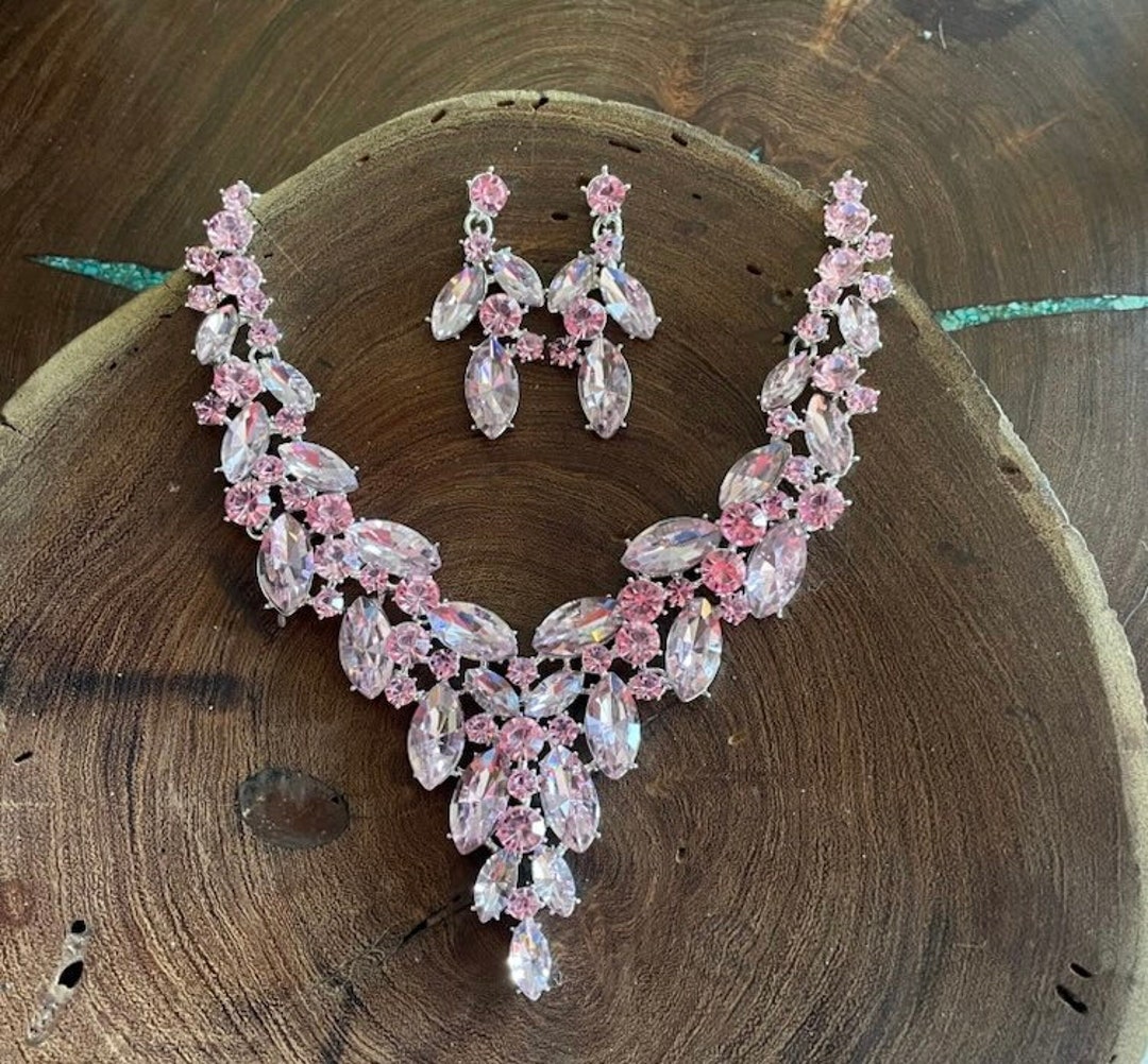 Pink American Diamond Necklace Set Rose Gold Necklace Set Jewellery Set -  Etsy