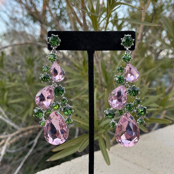 Pink and green rhinestone earrings