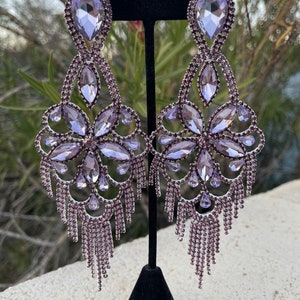 Oversized lavender crystal earrings, light purple huge earrings, lilac large pageant earrings