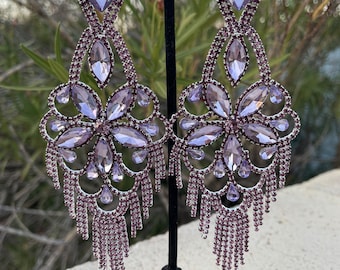 Oversized lavender crystal earrings, light purple huge earrings, lilac large pageant earrings