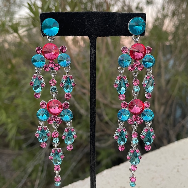 Pink and blue long chandelier earrings, rose pink and aqua pageant earrings, pink and blue prom earrings