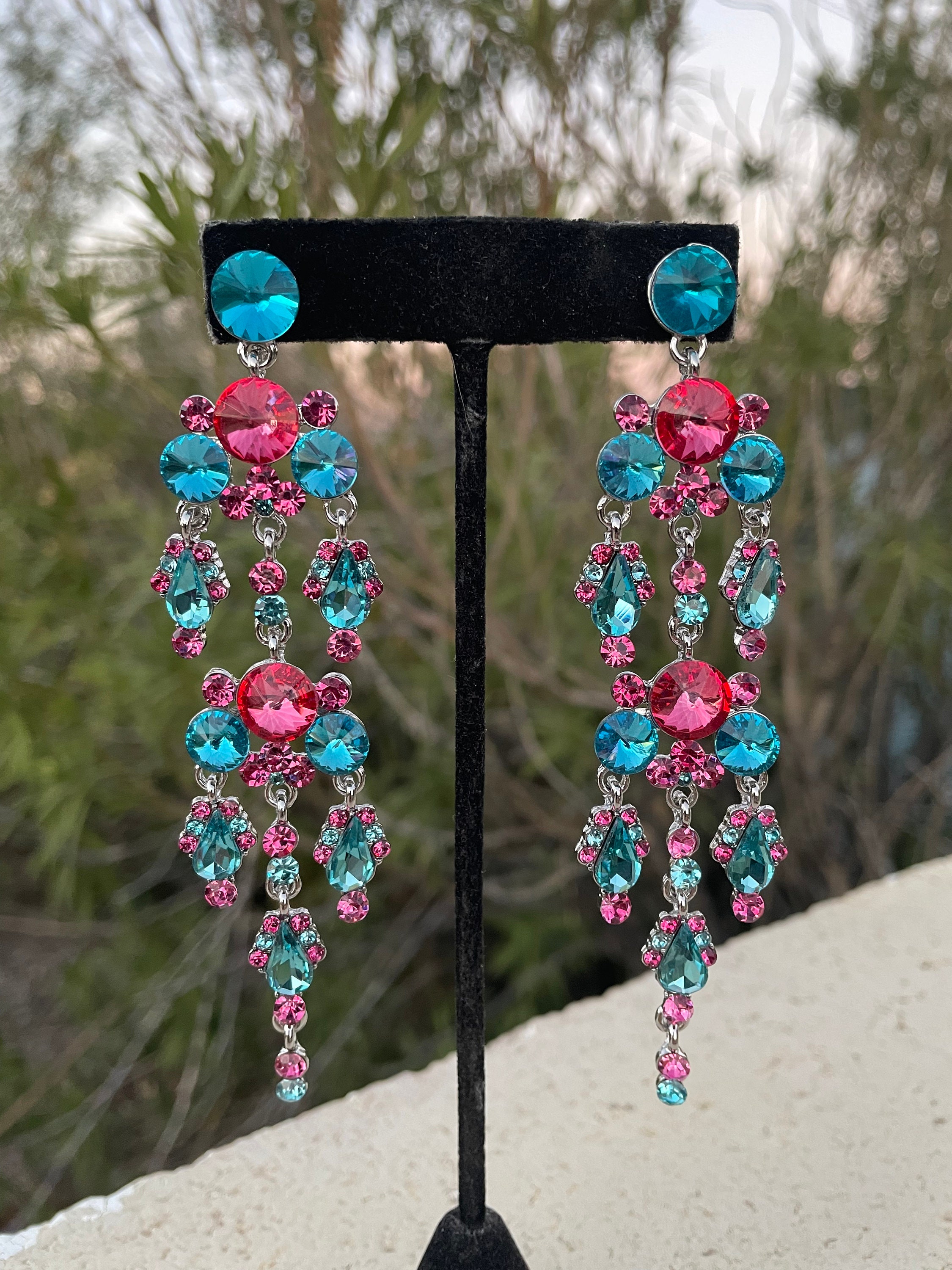 Pink and blue long chandelier earrings, rose pink and aqua pageant earrings, pink and blue prom earrings