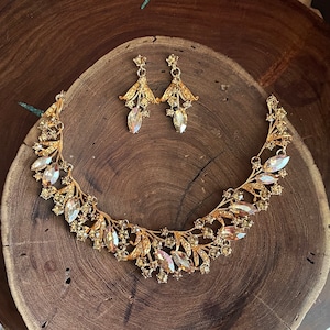 Gold necklace and earrings set, gold holiday necklace set, gold bridal necklace set, gold rhinestone necklace