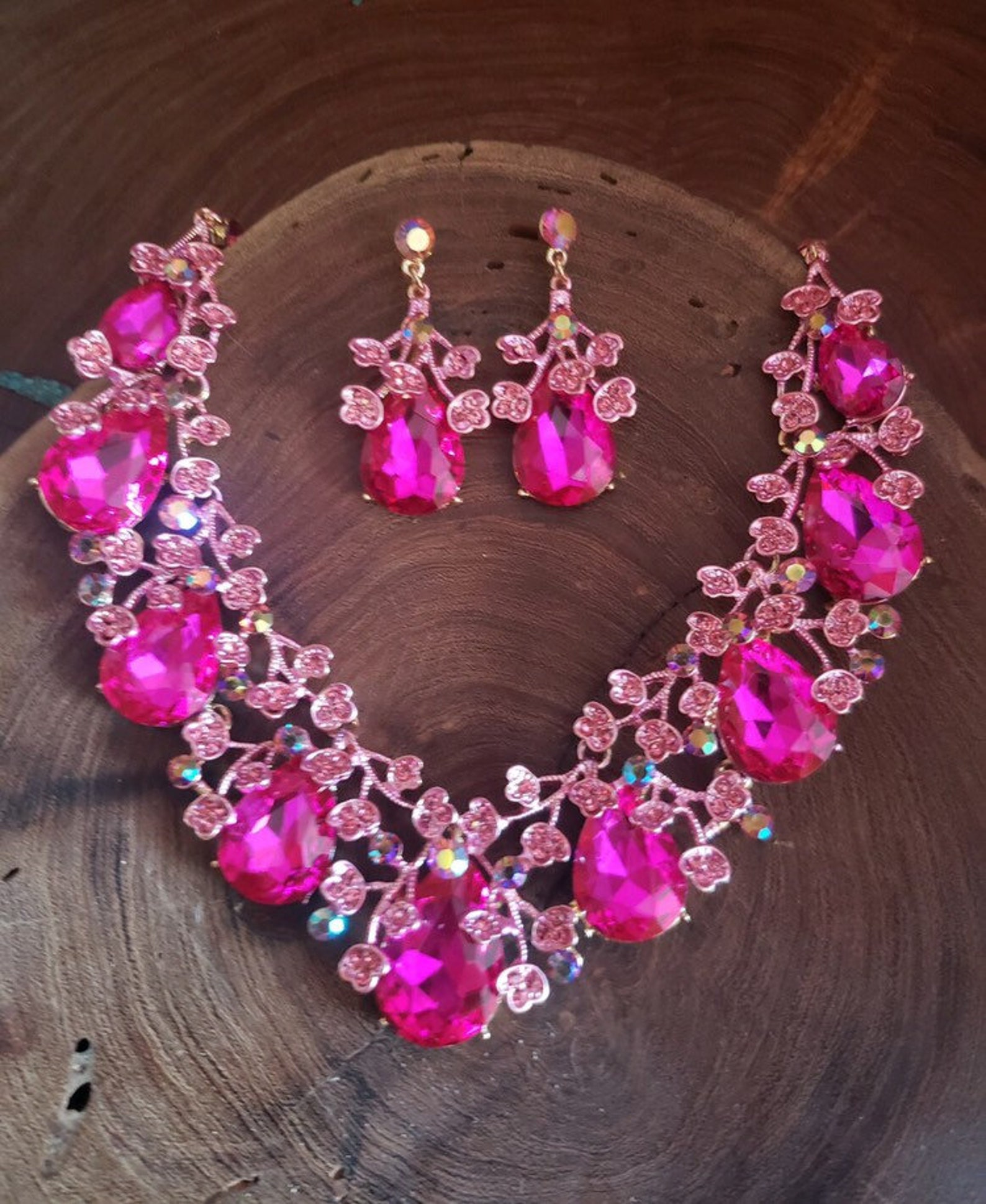 Fuchsia Necklace and Earrings Set Hot Pink Prom Necklace Set Etsy