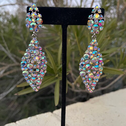 Iridescent long crystal earrings, ab pageant earrings, aurora borealis earrings, ab prom earrings