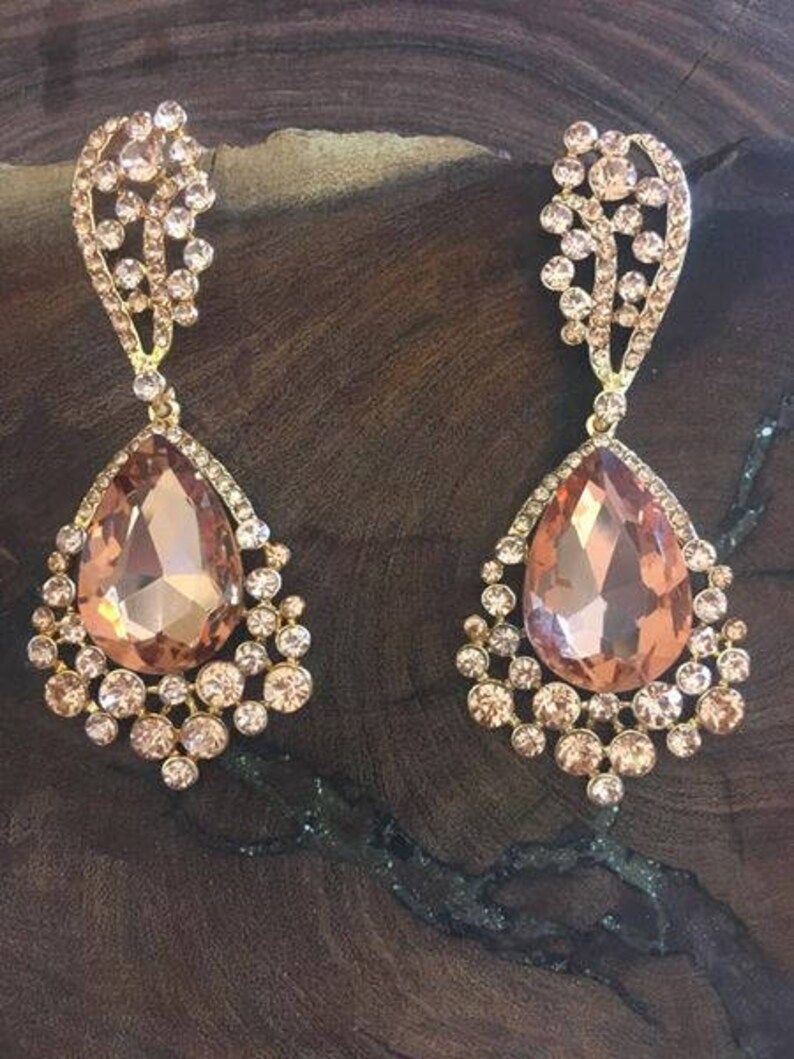 Rose gold large crystal rhinestone earrings champagne chunky Etsy