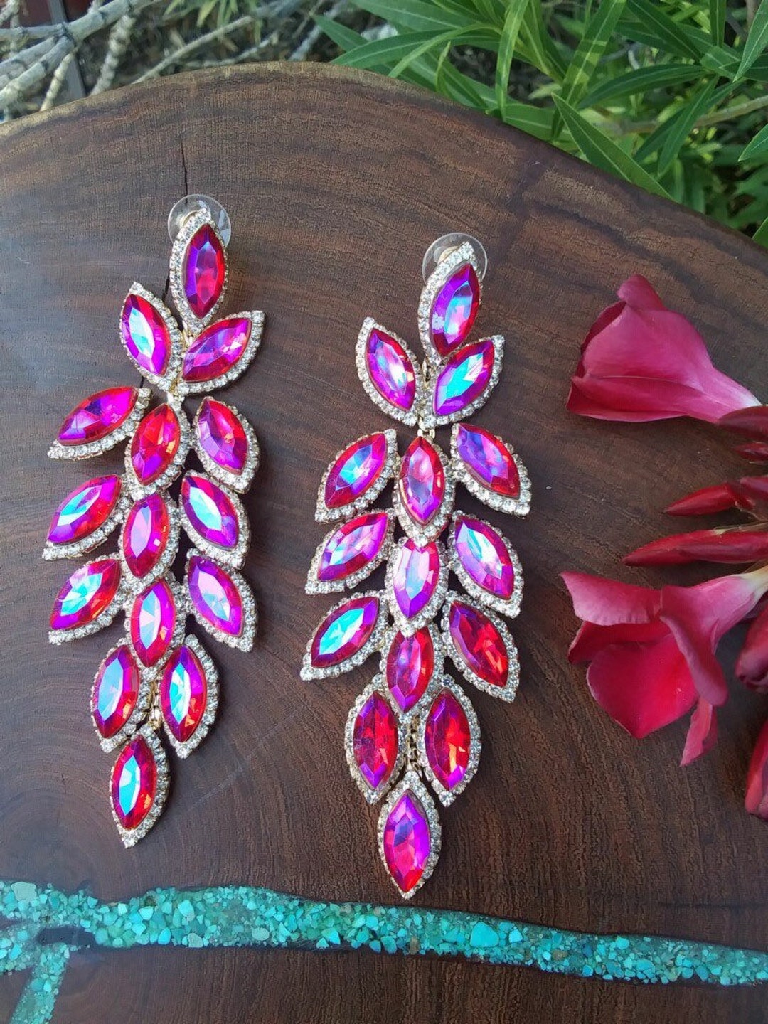 Fuchsia Iridescent Earrings, Fuchsia Ab Large Crystal Earrings, Fuchsia ...