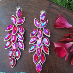 Fuchsia iridescent earrings, fuchsia ab large crystal earrings, fuchsia ab pageant earrings