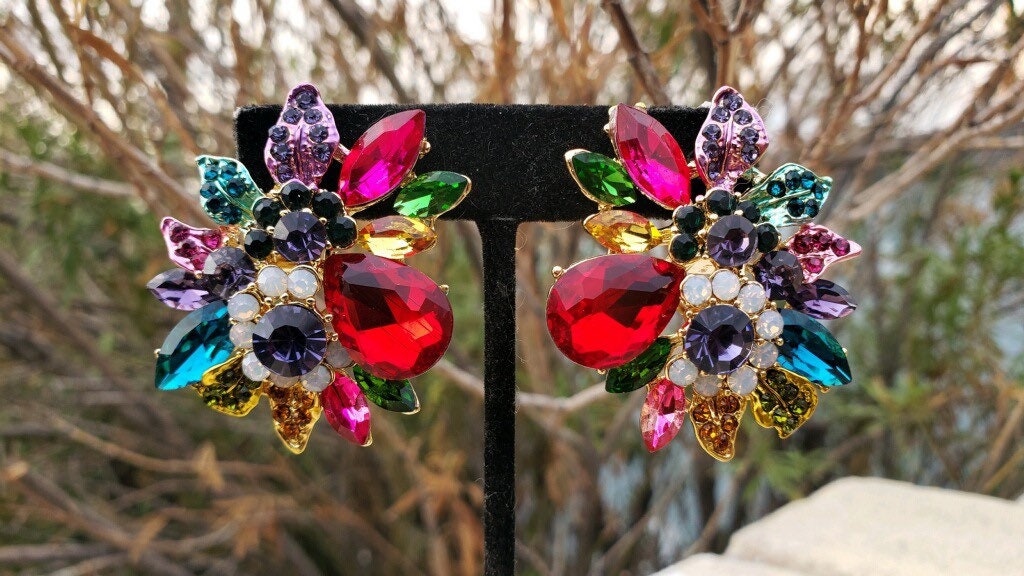 Multi Color Clip on Earrings, Large Colorful Clip on