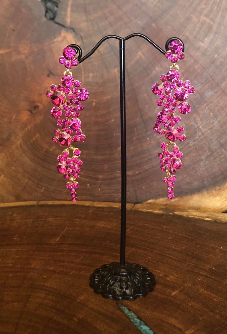 Fuchsia rhinestone earrings, hot pink dangle earrings, fuchsia long dangle earrings, fuchsia prom earrings image 1