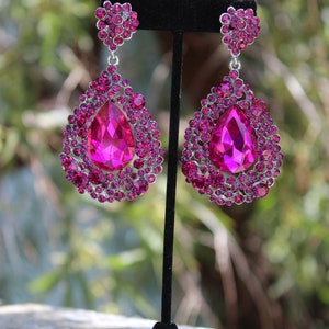 hot pink earrings, fuchsia earrings, hot pink prom earrings, fuschia prom earrings, hot pink chunky earrings, pink rhinestone wide earrings image 3