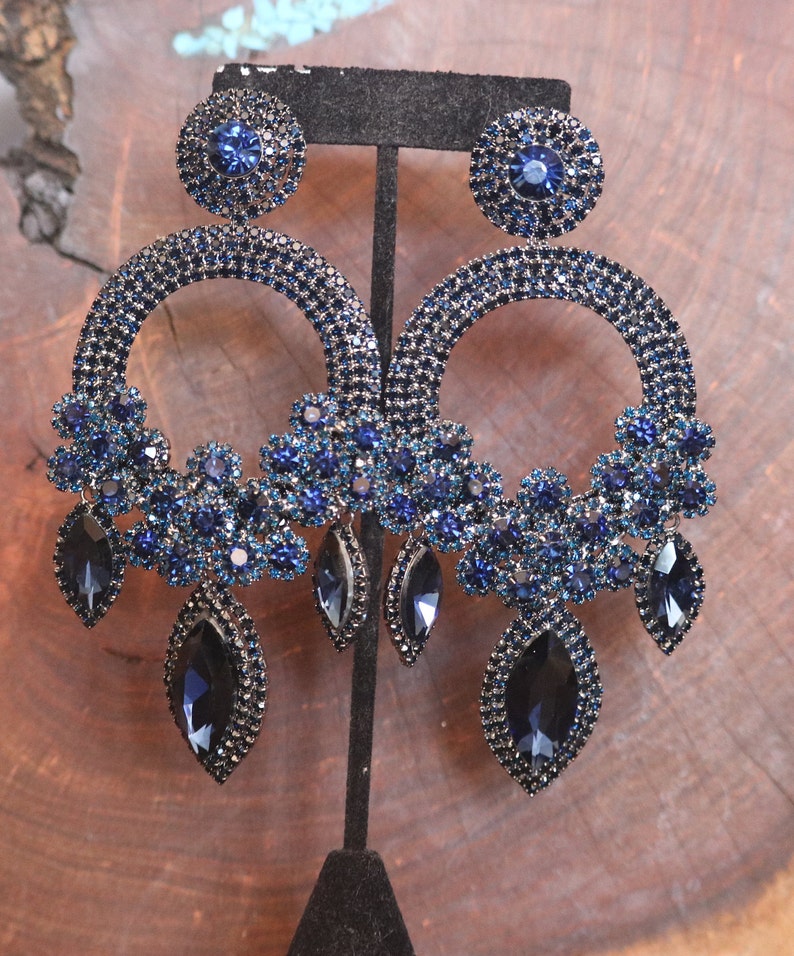 Oversized navy earrings huge navy blue rhinestones earrings Etsy
