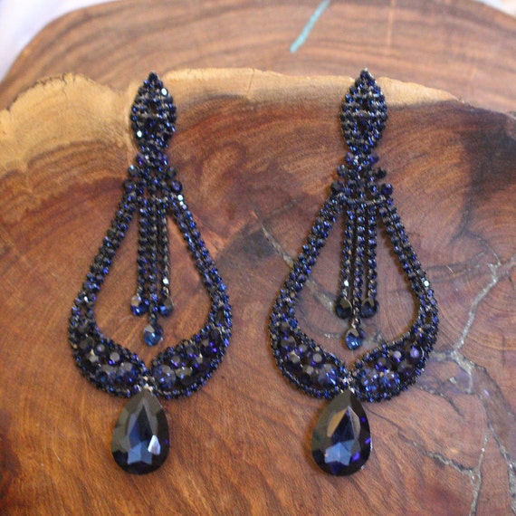 Navy Earrings Navy Blue Rhinestone Earrings Dark Blue Pageant