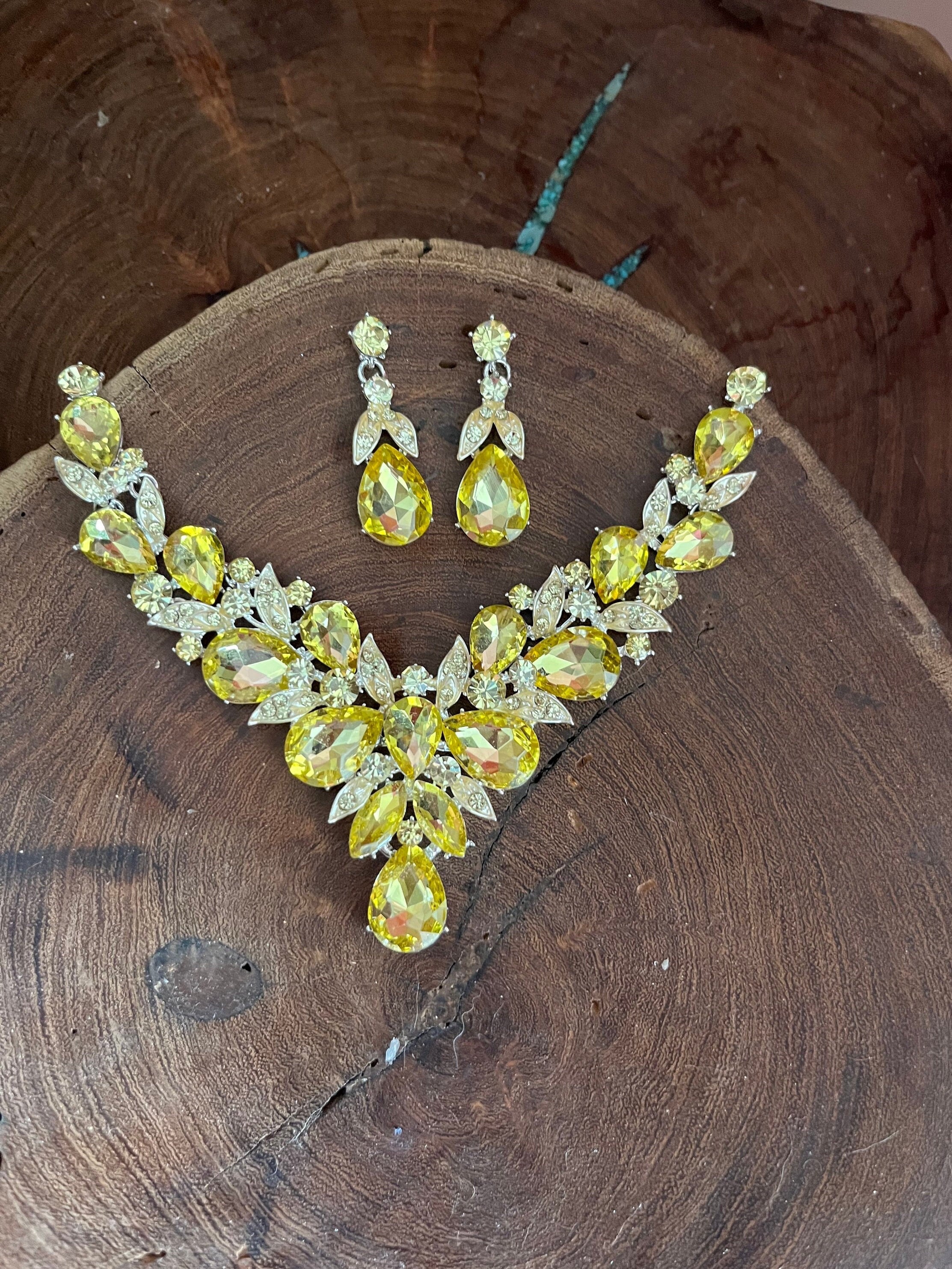 Yellow Rhinestone Necklace and Earrings Set, Citrine