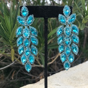 Aqua rhinestone earrings, aquamarine prom earrings, aqua blue earrings