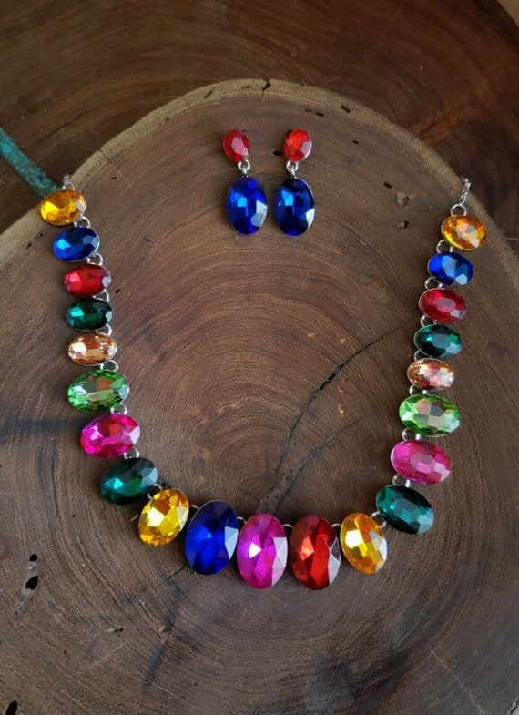 Multi Color Rhinestone Necklace and Earrings Set Colorful Crystal Necklace Etsy Ireland