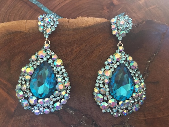 Teal Blue Rhinestone Earrings Teal aqua Blue Prom Earrings Large