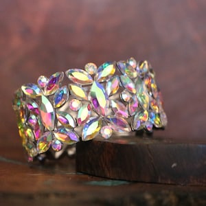 ab bracelet, auroa bolearis stretch bracelet, wide ab crystal bracelet, iridescent prom bracelet, ab pageant bracelet