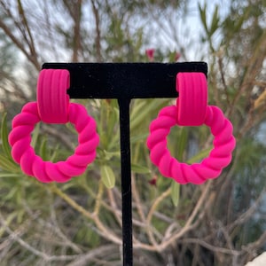 bright pink hoop earrings, hot pink hoops, neon pink earrings