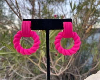 Barbie pink hoop earrings, hot pink hoops, neon pink earrings