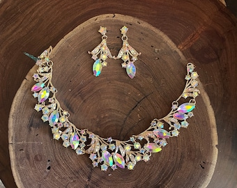 Aurora borealis necklace and earrings set, iridescent necklace set, ab bridal necklace set,