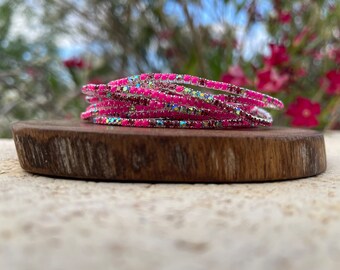 Pink Rhinestone Bracelet Set, Neon Pink Ab Rhinestone