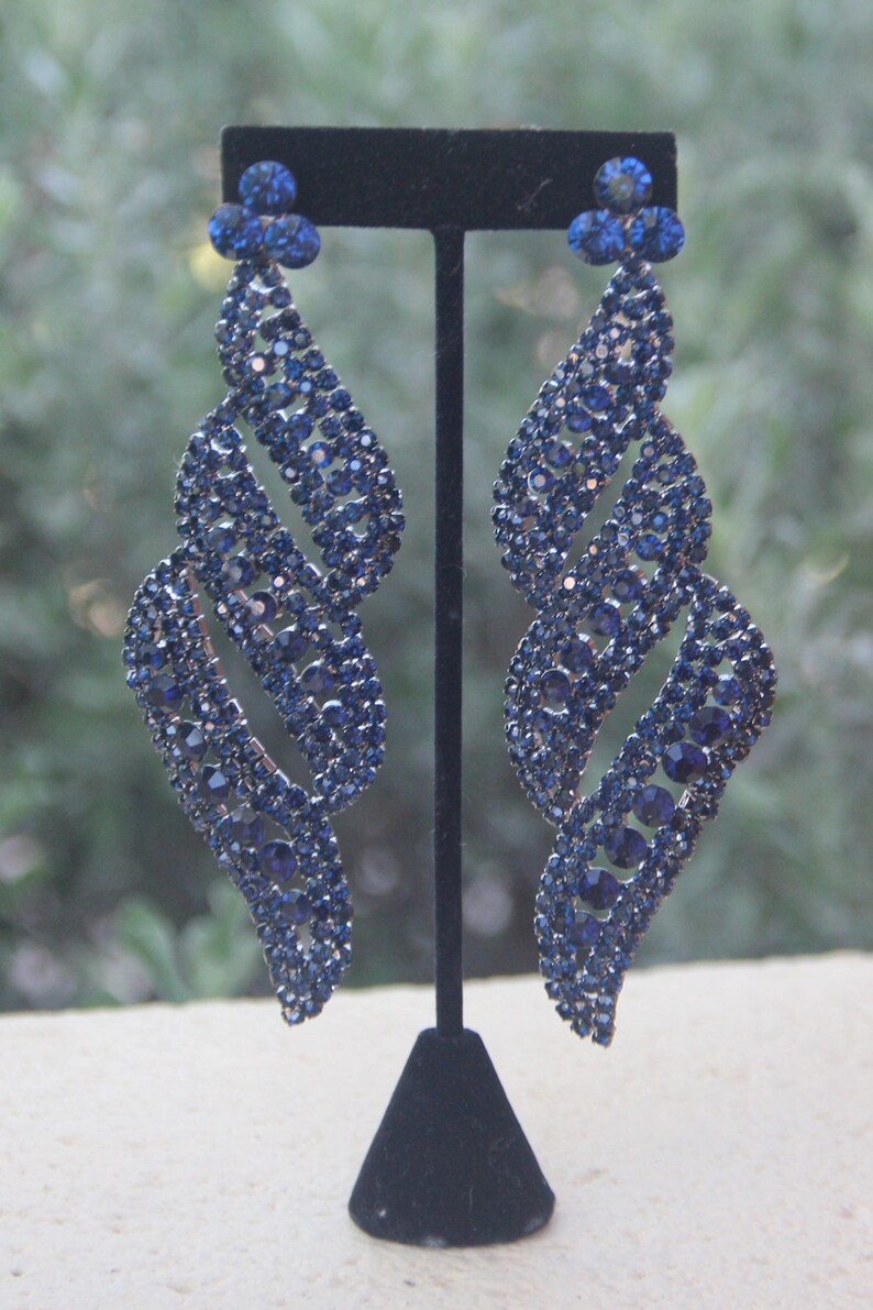 Navy Blue Large Chandelier Rhinestone Earrings Navy Pageant Etsy