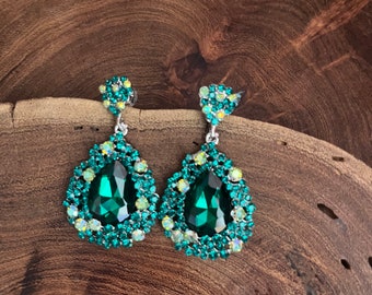 emerald and iridescent rhinestone earrings