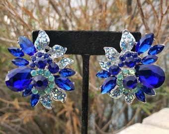 Blue clip on earrings, royal blue rhinestone earrings, blue pageant clip on earrings, blue crystal clip on earrings