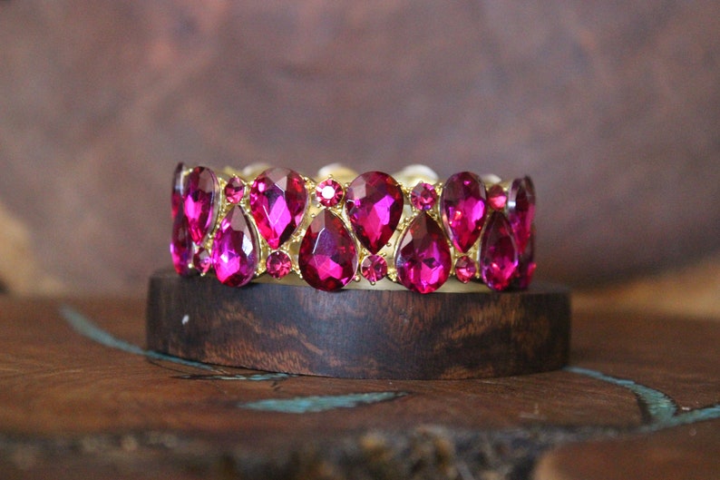 fuchsia bracelet, hot pink bracelet, fuchsia prom bracelet, hot pink bridal bracelet, pink crystal pageant bracelet, pink stretch bracelet image 2