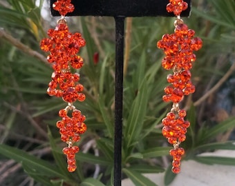 Orange earrings, orange prom earrings, orange rhinestone earrings, orange pageant earrings