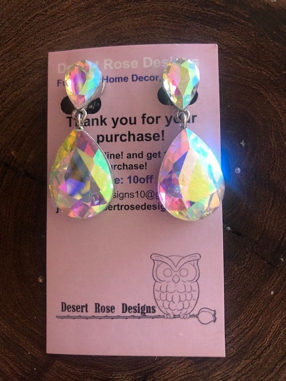 Ab Clip on Earrings, Iridescent Clip on Earrings, Ab Rhinestone