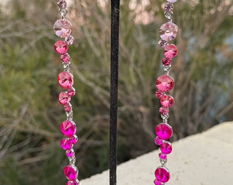 Pink ombré rhinestone earrings, pink mix long earrings