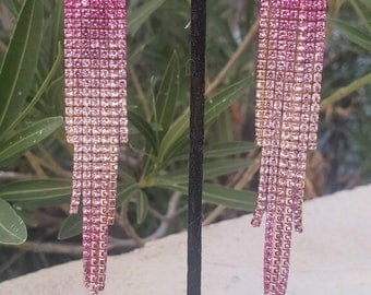 Pink ombre earrings, pink rhinestone fringe earrings, hot pink prom earrings, pink cascading earrings